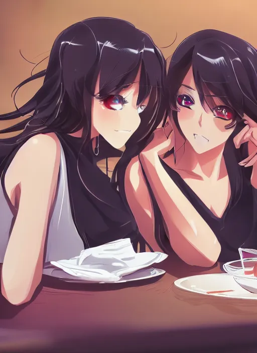 Image similar to two beautiful mothers sitting across from each other, summer clothes, gorgeous faces, thick lines, cinematic lighting, detailed anime art