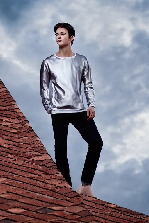 Image similar to un ultra high definition studio quality photographic art portrait of a young man standing on the rooftop of a british apartment building wearing soft padded silver pearlescent clothing. three point light. extremely detailed. golden ratio, ray tracing, volumetric light, shallow depth of field. set dressed.