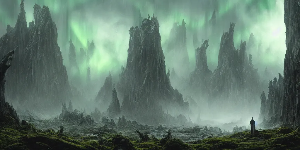 Image similar to evil eldritch lovecraftian scenery landscape, lord of the rings, aurora borealis, mist, monoliths, tentacles, fungal growths, moss highly detailed, bleak color, perfect lighting, perfect composition, 8 k, brian froud, artgerm, derek zabrocki, greg rutkowski