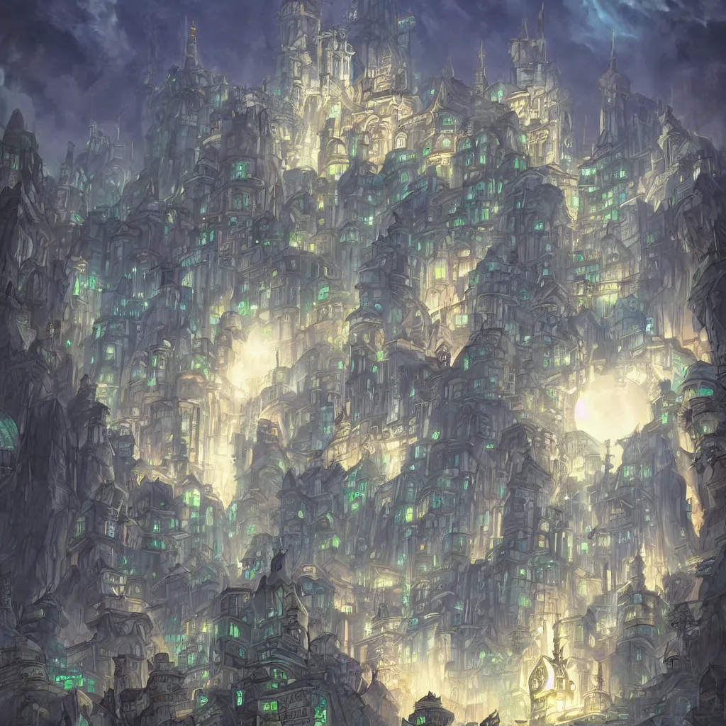 Image similar to there is a glowing white tower in the dark city, fantasy art, 2 d game art, by studio ghibli