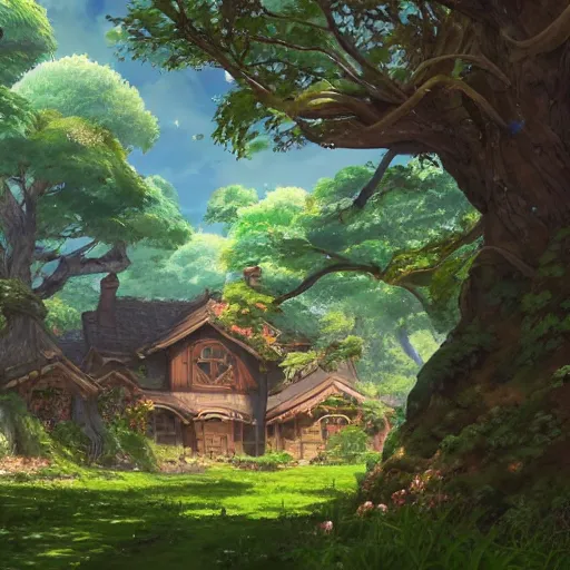 Image similar to beautiful house on a forest path, beautiful ancient trees, hiding large treasure chest, serene evening atmosphere, soft lens, soft light, cel - shading, animation, in the style of cgsociety, deviantart, artstation, zbrush, cinema 4 d, studio ghibli, akihiko yoshida, atelier lulua, james jean, masamune shirow