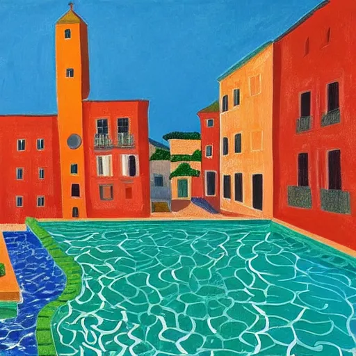 Prompt: a mediterranean town, ocean, style of david hockney