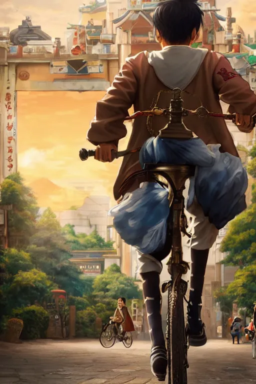 Image similar to ultra detailed keyart of sci - fy movie, a boy carrying a sword in his back is riding a simple bycycle in the main street of isekai shinjuku