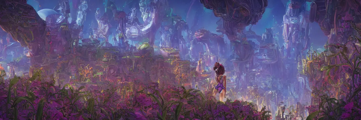 Image similar to beautiful low angle painting of an alien world with sleek architecture, steampunk, ground made of multicolour flowers, neon lights, a tiny girl watching on, in the style of don bluth, giorgio vasari, andrea pozzo, elegant, highly detailed, digital painting, artstation, cinematic lighting, glowing light and shadows, trending on artstation, octane render