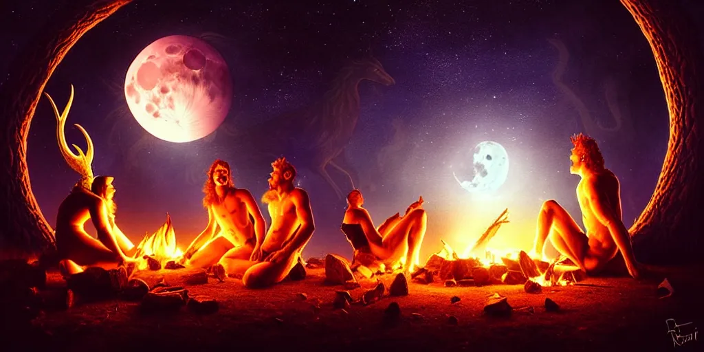 Image similar to venus infused scene at bifrost!!!!!! mythical beasts of sitting around a fire under a full moon at bifrost, surreal dark uncanny painting by ronny khalil