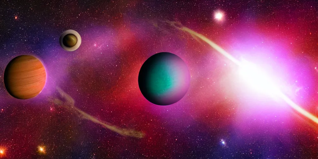 Prompt: analog photo of 3 colored planets in the galaxy, surrounded by stars, slight lens flare, deep purple color bleed