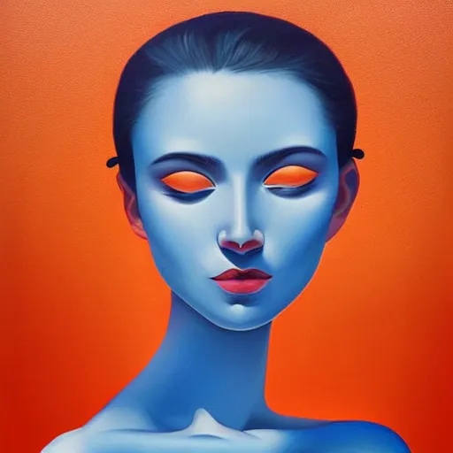 Image similar to a painting of a beautiful woman!!! wearing orange, an ultrafine detailed painting by rafal olbinski, behance contest winner, pop surrealism, detailed painting, very detailed, minimalist, airbrush art