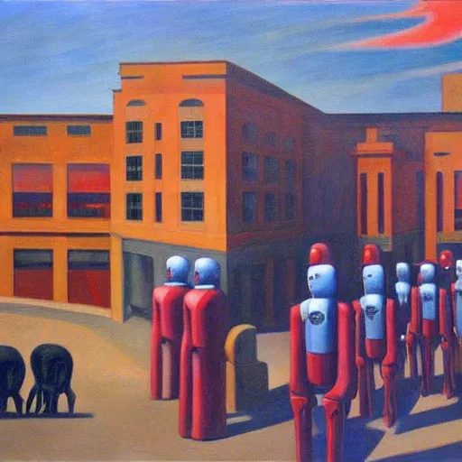 Image similar to robots herding humans, human subjugation, mind control, dystopian, pj crook, edward hopper, oil on canvas