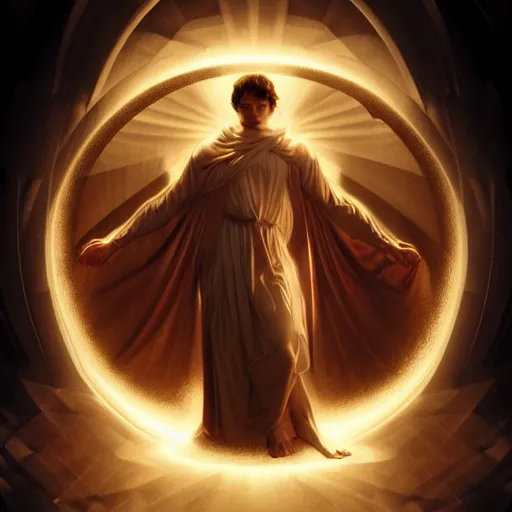 Prompt: ian somehalder posing, warm volumetric lighting, cosmic, symmetric, highly detailed, elegant, concept art, heavenly, god rays, intricate, sharp focus, illustration, alexandros pyromallis, bouguereau, rutkowski, artgerm, alphonse mucha