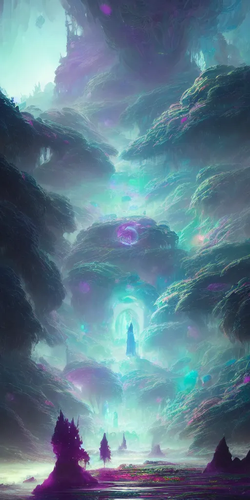 Image similar to a psychedelic realm hidden away in a pocket of ethereal understanding, astral and alien city, in the style of greg rutkowski, and wlop, and lisa frank, and bob ross, and ruan jia, illustration, epic, fantasy, hyper detailed, smooth, unreal engine, sharp focus, ray tracing