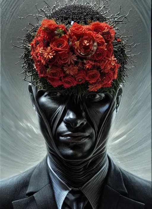 Image similar to an man in a black suit with a head made of flowers, intricate, highly detailed, concept art, hyperrealistic, oil painting by greg staples, 8 k