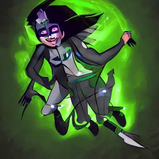 Image similar to A digital matte intricate illustration concept art of young Danny phantom with glowing green eyes and sharp teeth fangs alt art fashion inspired art by C