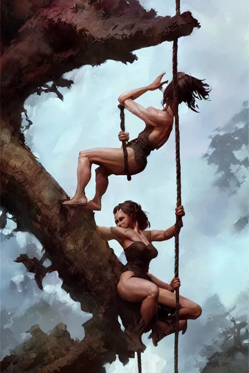 Image similar to Jane swinging from a tree , by Frank Frazetta, Greg Rutkowski, Boris Vallejo, epic fantasy character art, Exquisite detail, post-processing, low angle, masterpiece, cinematic