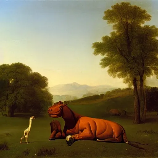 Image similar to oil painting by george stubbs of a man posing with a hippopotamus and a llama in a meadow at dawn.