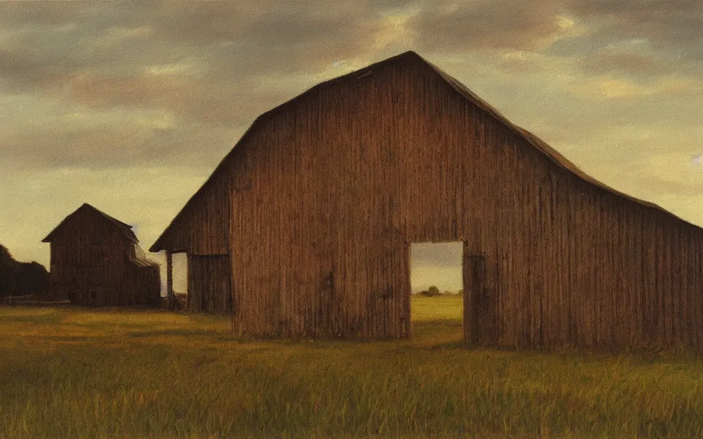 Prompt: a painting of an old haunted empty barn in summer evening, by peteris kalve, oil on canvas