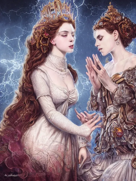 Prompt: a complex concept art ultra detailed of two baroque catholic veiled perfect female face android queens kneel and pray with lots of electric cable behind them connected to giant computer,bowknot, fine lace, GUCCI, sparkling, jewel embellishment, film lighting, by Andrei Riabovitchev,Stanely Artgerm, Tom Bagshaw, Andrei Riabovitchev, aaron horkey, trending on pinterest, full of color, mythological, high detailed,golden ratio,cinematic lighting