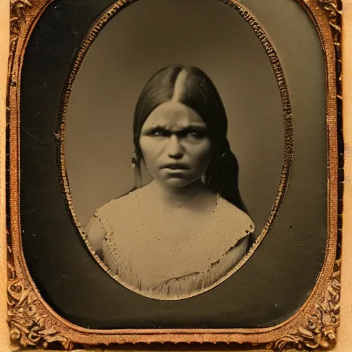 Image similar to victorian photo portrait of a scary horror monster and a native american warrior girl, 1825