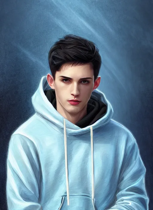 Image similar to handsome young man with short black hair, light blue eyes, pale skin, black hoodie, jeans, half body shot, path traced, highly detailed, high quality, digital painting, alena aenami, leonid afremov, lilia alvarado, shinji aramaki, karol bak, alphonse mucha, tom bagshaw