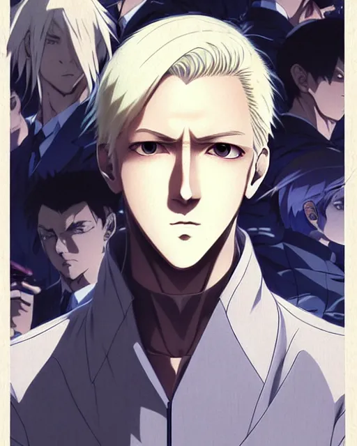 Prompt: portrait old Anime Blonde Guy Short Hair Sharp fine face, pretty face, realistic shaded Perfect face, fine details. Anime. by makoto sinkai, katsuhiro otomo ghost in the shell movie scene, magali villeneuve, artgerm, rutkowski