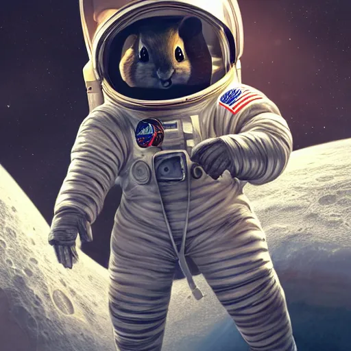 Prompt: an adorable chipmunk in an astronaut suit on the moon, warm lighting with cool shadows, digital painting, detailed, trending on artstation, in the style of dominik mayer thomas dubois, gaston bussiere, 8 k, octane render