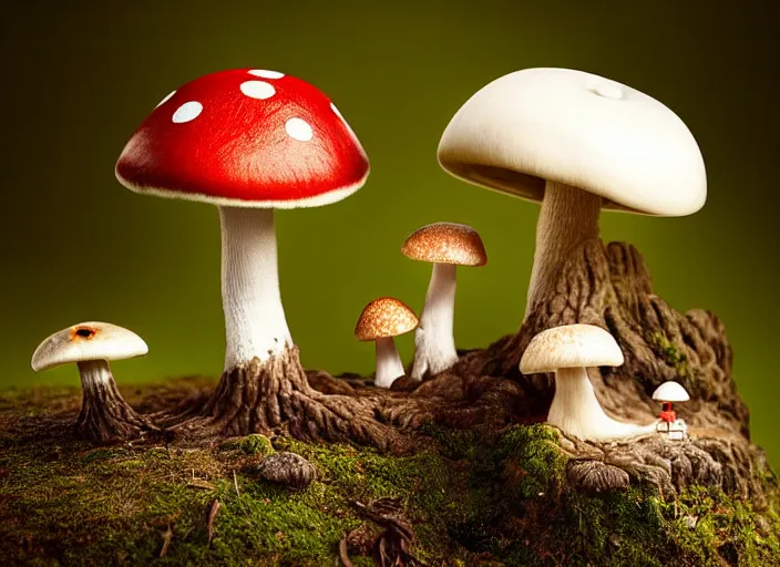 Image similar to a cute creature sitting next to a mushroom, realistic, very detailed, complex, intricate, studio lighting, superres sharpening, bokeh, sigma 5 0 mm f 1. 4, 1 9 2 0 period drama by bussiere rutkowski andreas rocha