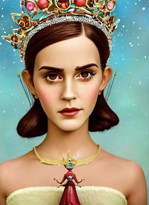 Prompt: closeup face profile portrait of tin toy emma watson as a fairytale princess wearing a crown eating cakes, bikini, depth of field, zeiss lens, detailed, symmetrical, centered, fashion photoshoot, by nicoletta ceccoli, mark ryden, lostfish, breathtaking, 8 k resolution, extremely detailed, beautiful, establishing shot, artistic, hyperrealistic, octane render