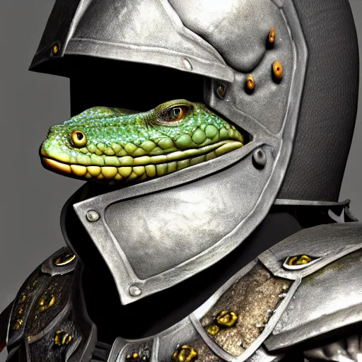 Prompt: gecko wearing a medieval suit of armor, candid photography, highly detailed, 8 k uhd, unreal engine 5, character concept