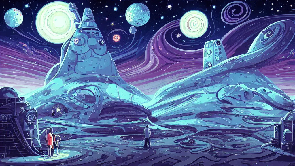 Image similar to elon musk at starbase by cyril rolando and naomi okubo and dan mumford and ricardo bofill. lovecraft. lovecraftian. starry night swirly sky.