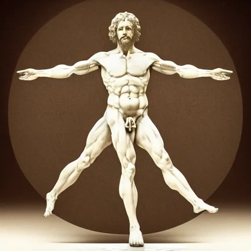 Image similar to Da Vinci's Vitruvian Man as a marble sculpture by Michelangelo, 4k, hyperrealistic, detailed, accurate anatomy, octane render, studio lighting