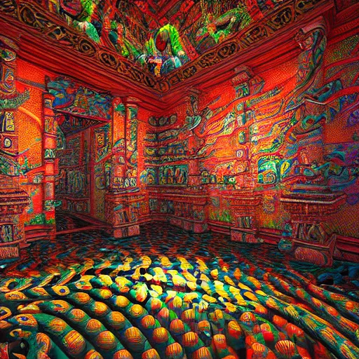 Image similar to Photorealistic inside a temple made of snakes. Hyperdetailed photorealism, 108 megapixels, amazing depth, glowing rich colors, powerful imagery, psychedelic Overtones