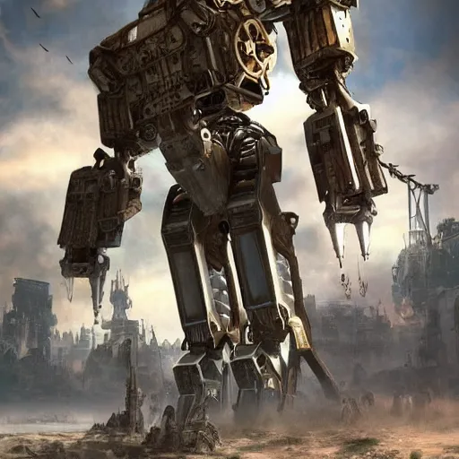 Image similar to gigantic bipedal humanoid lethal robot war machine standing in a battlefield, steam punk, 70's sci-fi, highly detailed, sharp focus, photorealistic, hyperrealistic, deep aesthetic, 4k, highly ornate intricate details, cinematic lighting, rich colors, digital artwork, ray tracing,