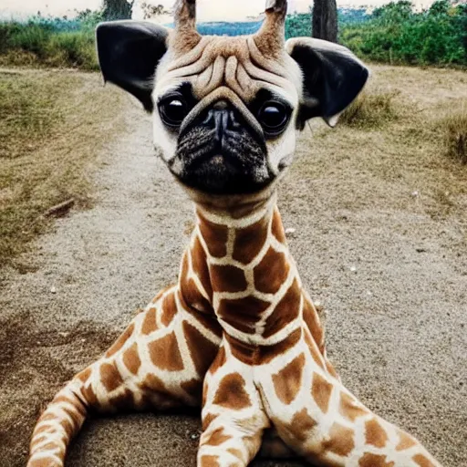 Image similar to a Giraffe-Pug Hybrid, A Giraffe that looks like a pug, huge tusks, afternoon hangout, good times photograph, candid