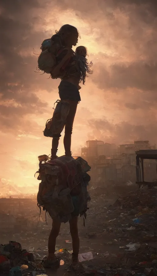 Image similar to poor detailed child with backpack standing at cars looking for food at garbage dump, destroyed cars, city is pure wasteland, moody sunset in background, greg rutkowski, alphonse mucha, trending on artstation, artgerm, unreal engine, breathtaking, award winning, highly detailed