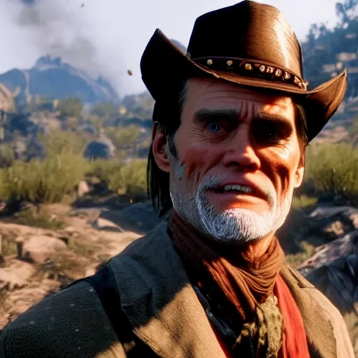 Image similar to film still of jim carrey in red dead redemption 2 ( 2 0 1 8 video game )