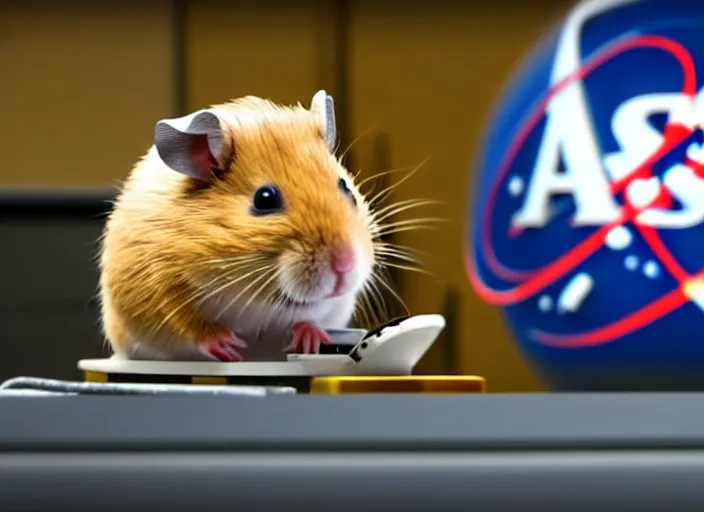 Image similar to film still of a hamster working for mission control at nasa, 8 k