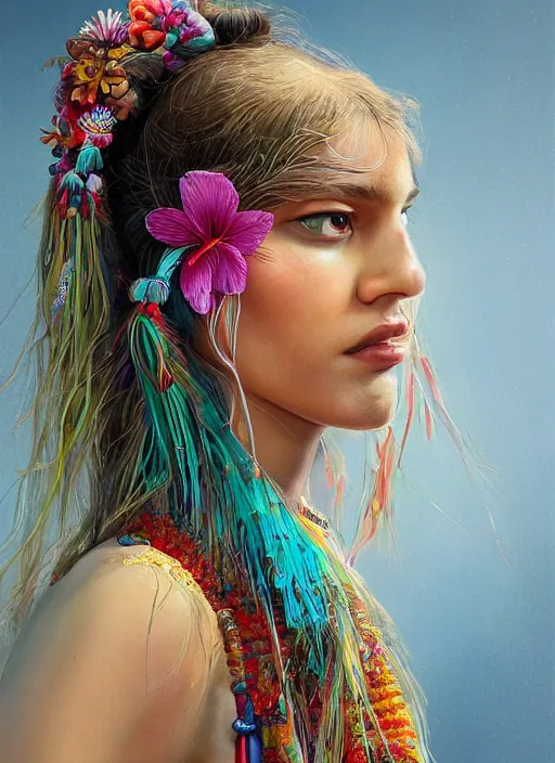 Prompt: beautiful portrait of a mediterranean female wearing fantastic Hand-dyed cotton dress, embellished beaded feather decorative fringe knots ,colorful pigtail,subtropical flowers and plants,symmetrical face,intricate,elegant, highly detailed, 8k,post-processing,digital painting, trending on artstation, concept art, sharp focus, illustration, by artgerm,Tom Bagshaw,Daniel Gerhartz,Albert Aublet,Lawrence Alma-Tadema,Maria Mirage