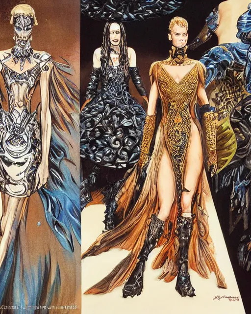 Image similar to fashion model walking down a catwalk, elaborate dress by alexander mcqueen, art by michael whelan and chris moore and howard david johnson and tim white and dan giancola