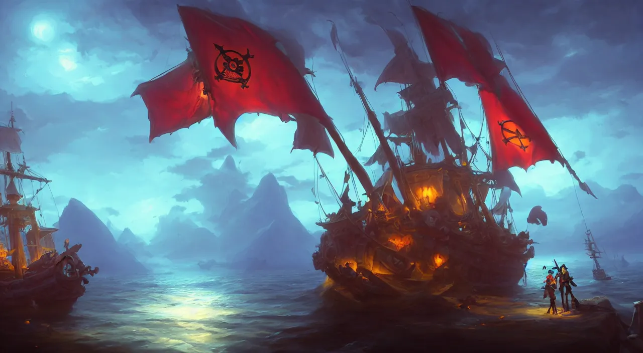 Prompt: pirates on a ghost ship with the Jolly Roger flag in the ocean, volumetric lighting, fantasy art overwatch and heartstone video game icon, a detailed matte painting, by RHADS, cgsociety, fantasy art, matte painting, artstation hq, matte drawing, by makoto shinkai and Beeple Jorge Jacinto ,Tyler Edlin, philipsue on artstation