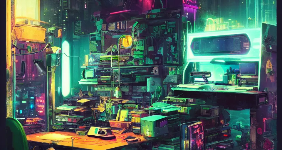 Image similar to IKEA catalogue photo of a cyberpunk bureau, by Paul Lehr