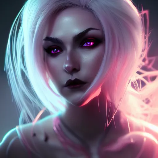 Prompt: Portrait of Syndra from league of legends, anger, mystery, fear, highly detailed, ominous vibe, smoke, octane render, cgsociety, artstation, trending on ArtStation, by Marie Magny