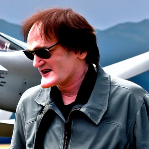 Image similar to quentin tarantino flying a fighter jet