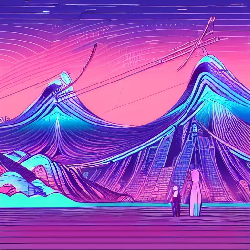 Prompt: a futuristic utopian cityscape that doesn't conform to the laws of physics in the style of the great wave japanese painting, synthwave color scheme