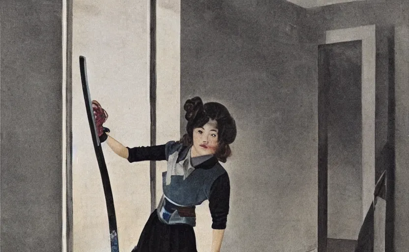 Image similar to School girl holding a katana and standing on an abandoned hospital room, by Salvador Dali