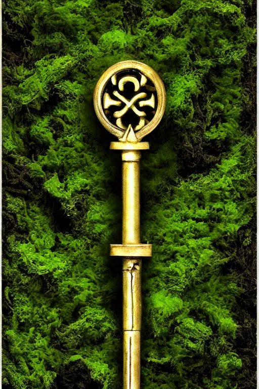 Image similar to mysterious intricate key of death, partially covered by moss and algae, on a perfectly black background, cgsociety