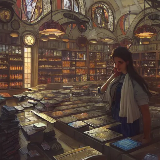 Image similar to modern coin shop with a lot of coins, 4 k, octane, digital painting, artstation, concept art, sharp focus, illustration, art by artgerm and greg rutkowski and alphonse mucha