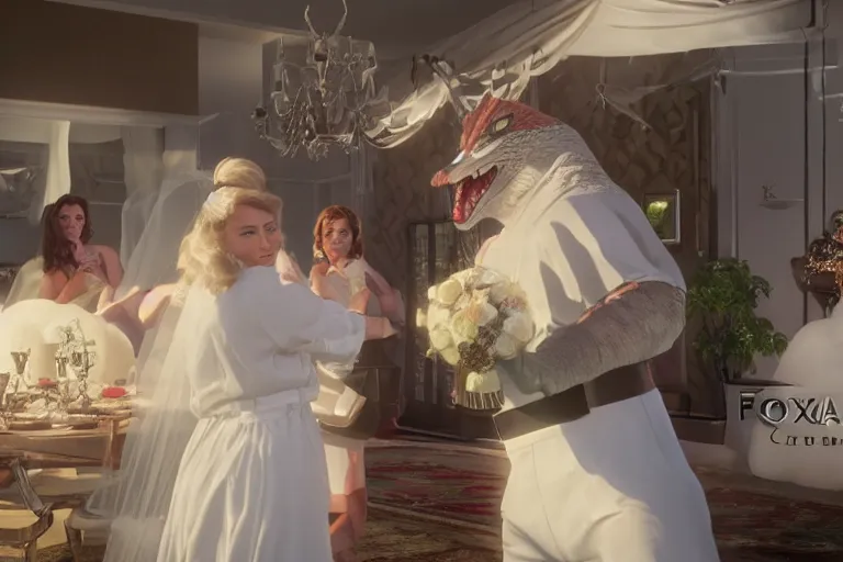 Prompt: a still from My Big Fat Greek wedding, wedding, wedding, with Fox McCloud and godzilla, octane render, nvidia raytracing demo, masterpiece