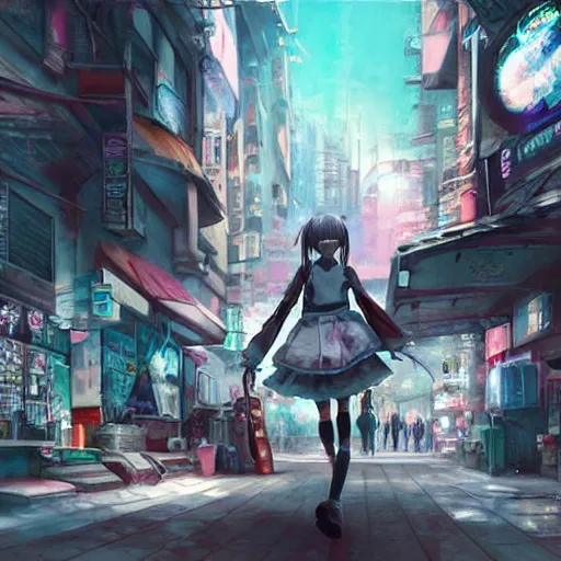 Image similar to dynamic composition, motion, ultra-detailed, incredibly detailed, a lot of details, amazing fine details and brush strokes, colorful and grayish palette, smooth, HD semirealistic anime CG concept art digital painting, watercolor oil painting of Clean and detailed post-cyberpunk sci-fi close-up schoolgirl in asian city in style of cytus and deemo, blue flame, relaxing, calm and mysterious vibes,, by a Chinese artist at ArtStation, by Huang Guangjian, Fenghua Zhong, Ruan Jia, Xin Jin and Wei Chang. Realistic artwork of a Chinese videogame, gradients, gentle an harmonic grayish colors. set in half-life 2, Matrix, GITS, Blade Runner, Neotokyo Source, Syndicate(2012), dynamic composition, beautiful with eerie vibes, very inspirational, very stylish, with gradients, surrealistic, dystopia, postapocalyptic vibes, depth of field, mist, rich cinematic atmosphere, perfect digital art, mystical journey in strange world