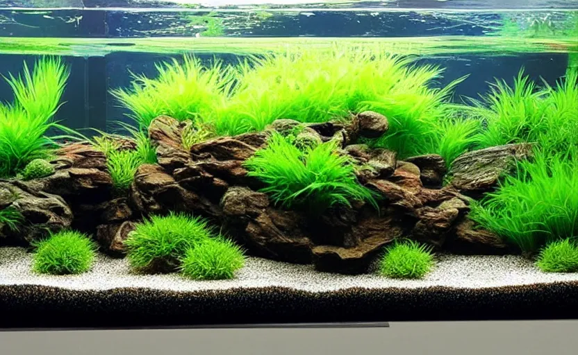 Prompt: iwagumi aquascape,!! takeshi amano!!, co 2 injection, grey seiryu stone, red rotala rotundifolia