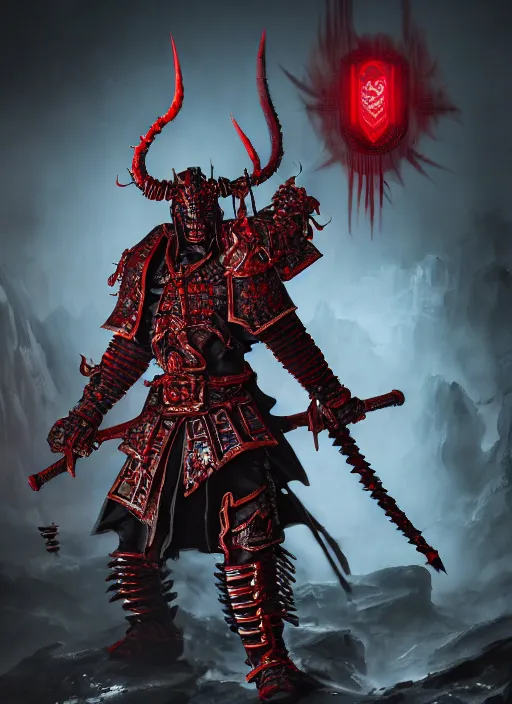 Prompt: demon samurai of khorne, extremly detailed digital painting, warhammer 4 0 k, by adam smith, raymond swanland, highly detailed, rim light, cinematic lighting, art, octane render, very coherent, cinematic, 8 k