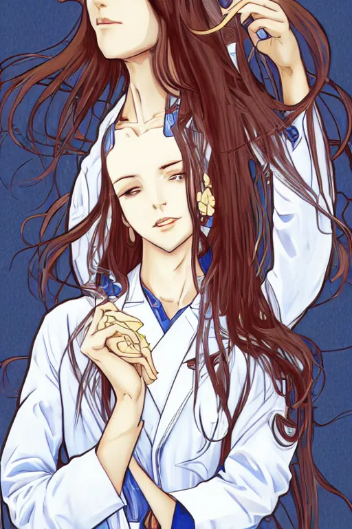 Prompt: Kurisu Makise in flowing lab coat tonemapped in the style of Ayami Kojima and Alphonse Mucha